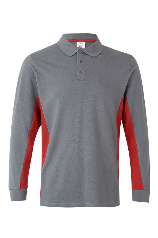 Tricou polo maneca lunga bumbac 180g gri/rosu V105514