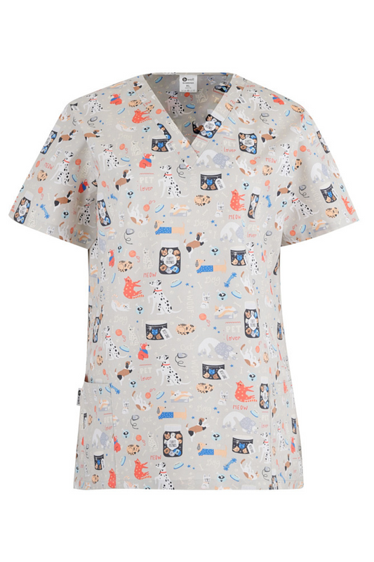 Bluza medicala unisex gri animalute bumbac-elastan 140g Bambina