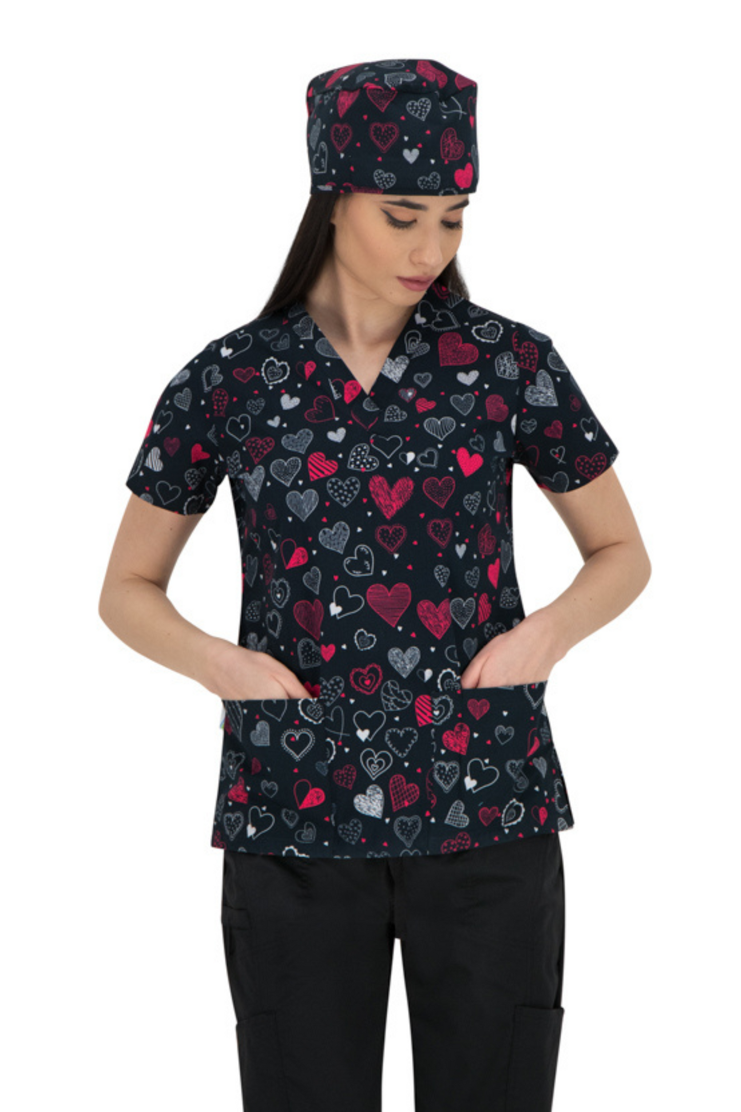 Bluza medicala dama neagra inimi bumbac-elastan 140g Bambina