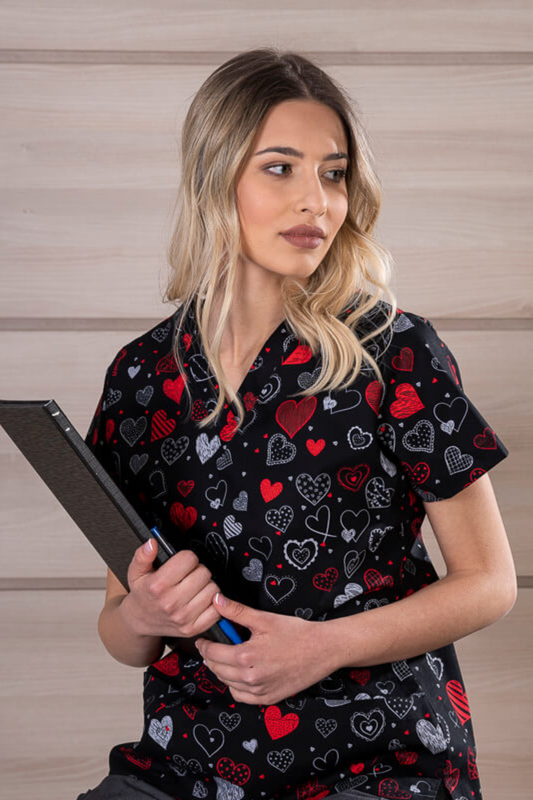 Bluza medicala dama neagra inimi bumbac-elastan 140g Bambina