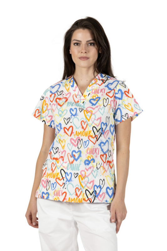 Bluza medicala dama alba inimi bumbac-elastan 140g Bambina