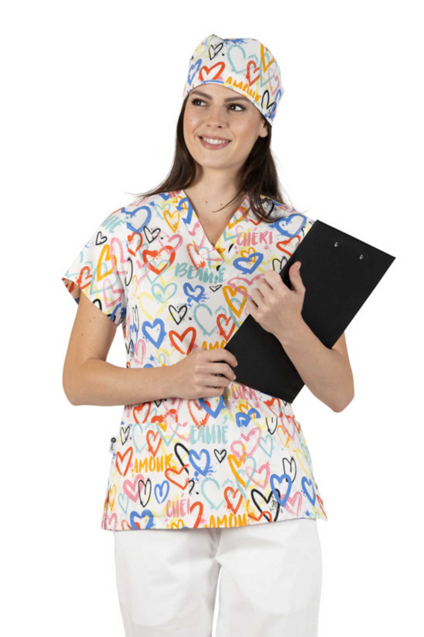Bluza medicala dama alba inimi bumbac-elastan 140g Bambina