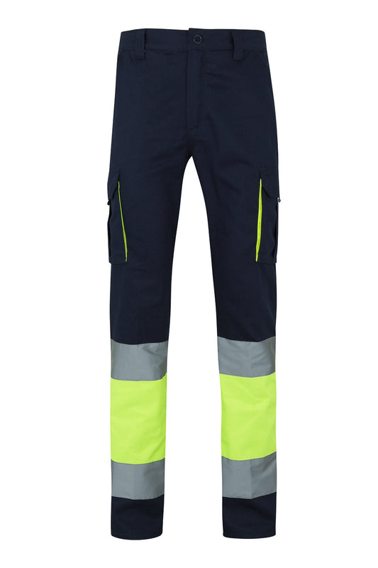 Pantaloni reflectorizanti bumbac 240g bleumarin/galben V303007