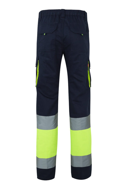 Pantaloni reflectorizanti bumbac 240g bleumarin/galben V303007
