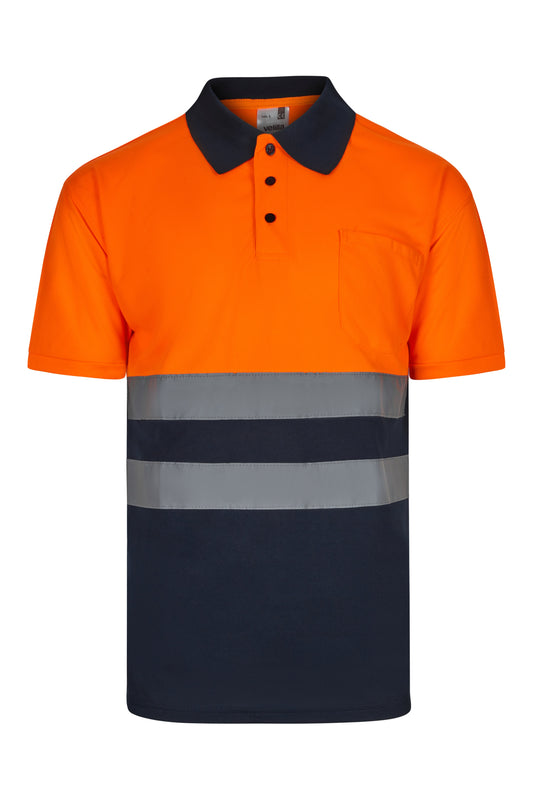 Tricou polo reflectorizant poliester 140g bleumarin/portocaliu V305504