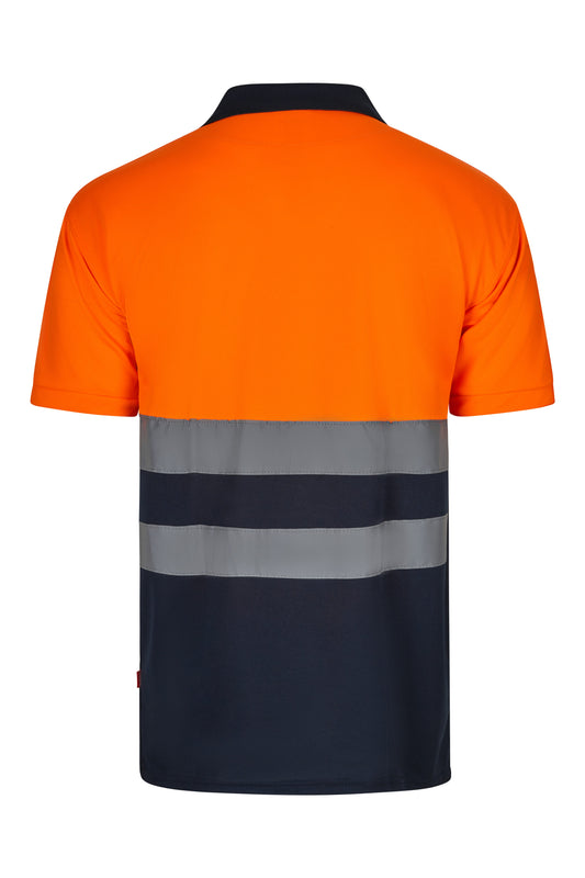 Tricou polo reflectorizant poliester 140g bleumarin/portocaliu V305504