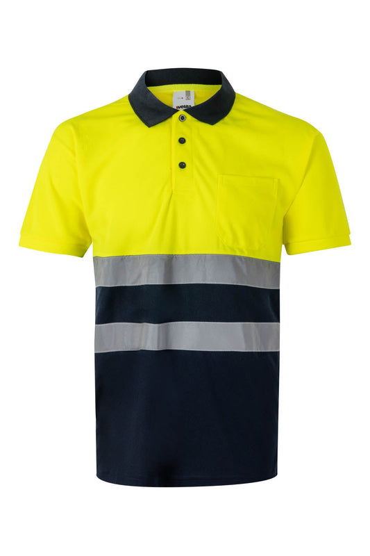 Tricou polo reflectorizant poliester 140g bleumarin/galben V305504