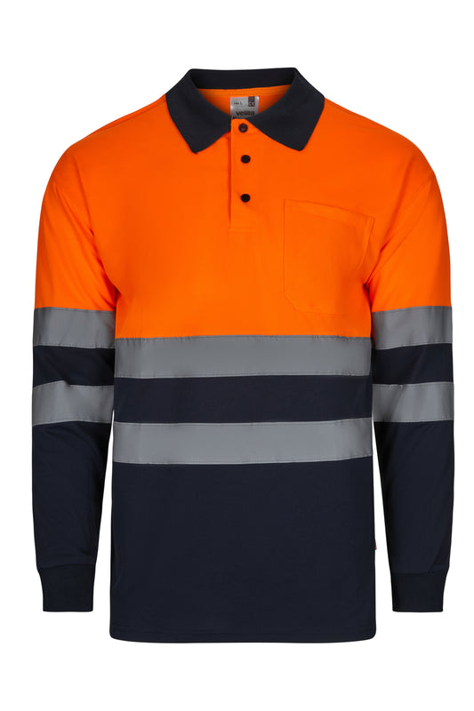 Tricou polo reflectorizant poliester 140g maneca lunga bleumarin/portocaliu V305507