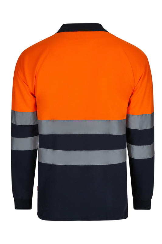 Tricou polo reflectorizant poliester 140g maneca lunga bleumarin/portocaliu V305507