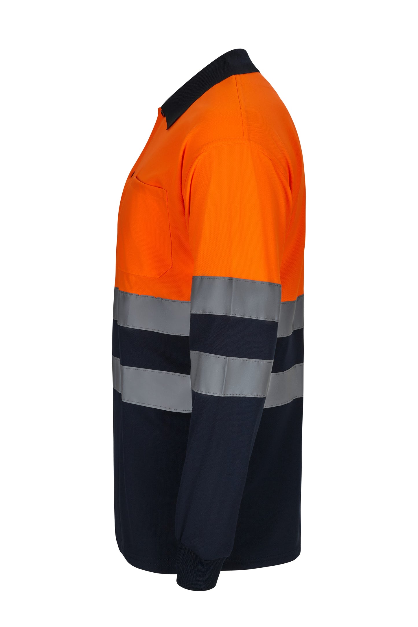 Tricou polo reflectorizant poliester 140g maneca lunga bleumarin/portocaliu V305507