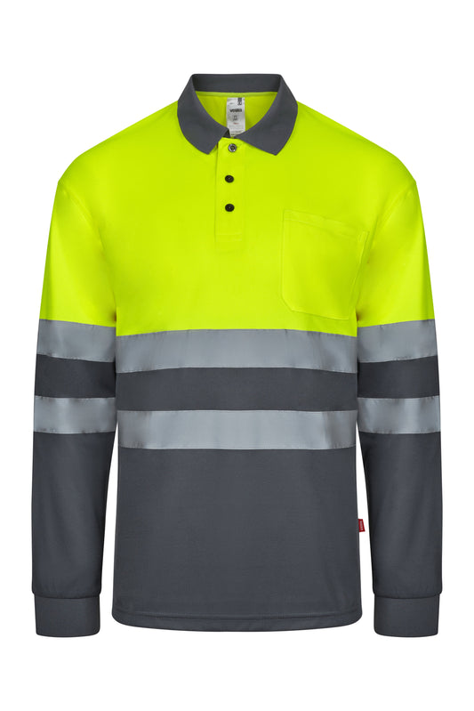 Tricou polo reflectorizant poliester 140g maneca lunga gri/galben V305507