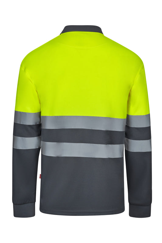 Tricou polo reflectorizant poliester 140g maneca lunga gri/galben V305507