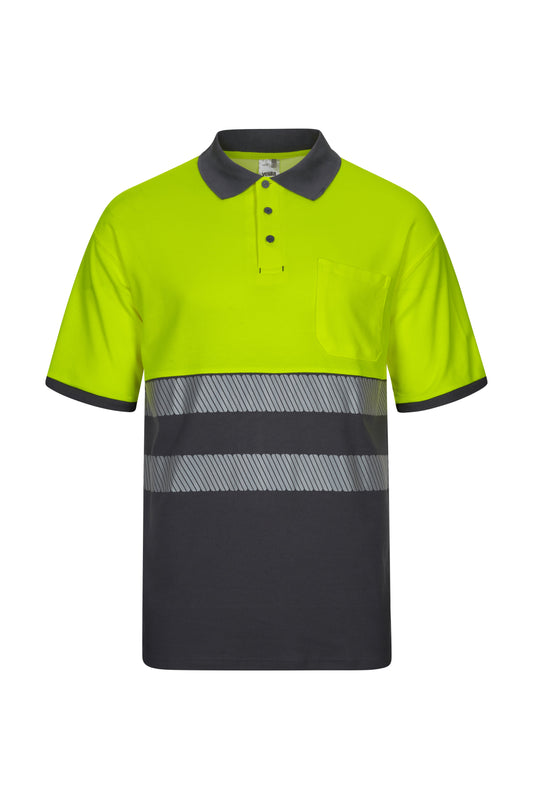 Tricou polo reflectorizant bumbac 150g maneca scurta gri/galben V305523