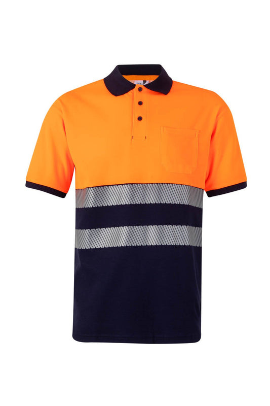 Tricou polo reflectorizant bumbac 150g maneca scurta bleumarin/portocaliu V305523