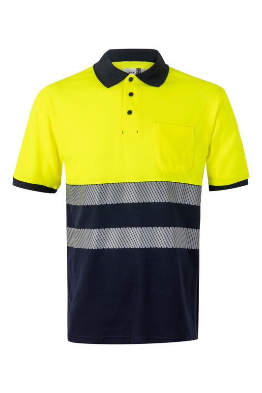 Tricou polo reflectorizant bumbac 150g maneca scurta bleumarin/galben V305523