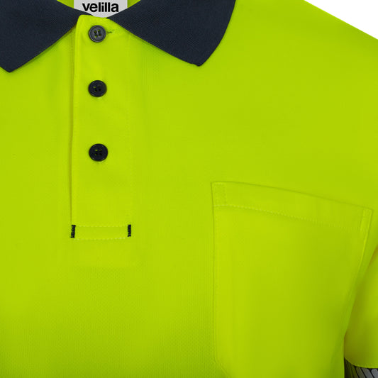 Tricou polo bicolor cu benzi reflectorizante segmentate maneca lunga GRS albastru marin/galben hi-vis V305535