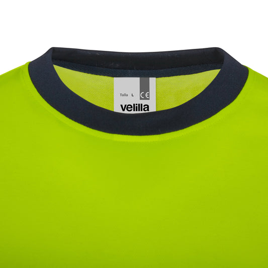 Tricou bicolor din bumbac maneca lunga benzi reflectorizante segmentate albastru marin/galben hi-vis V305619
