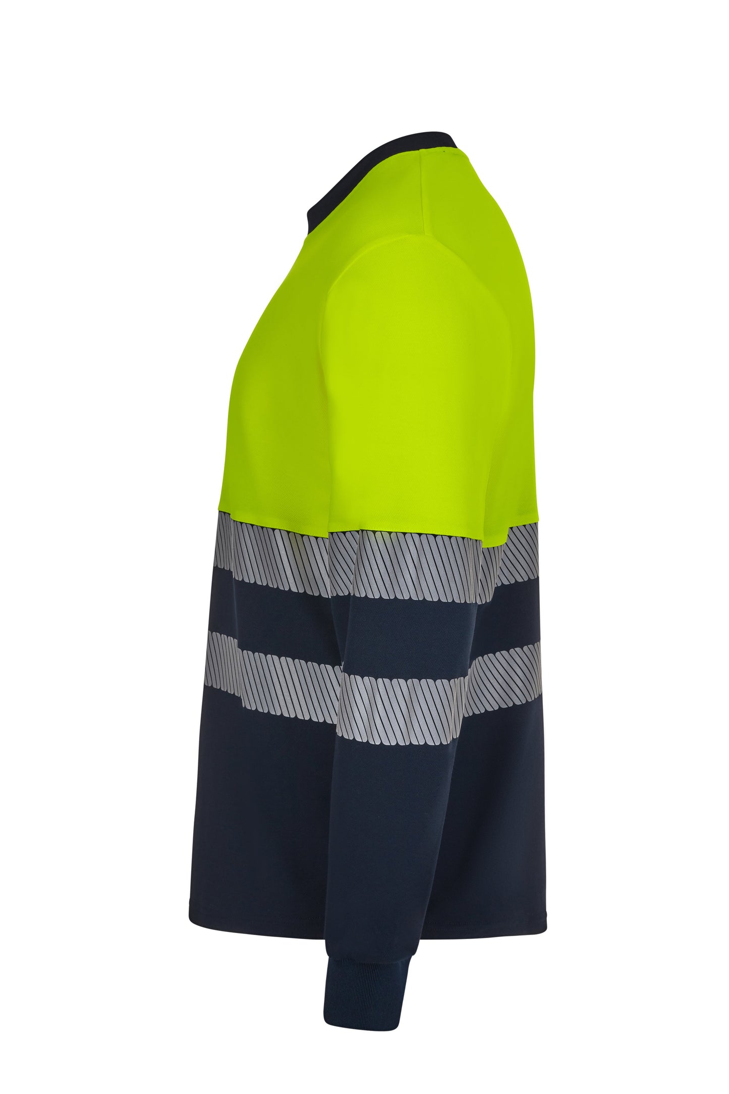 Tricou bicolor din bumbac maneca lunga benzi reflectorizante segmentate albastru marin/galben hi-vis V305619