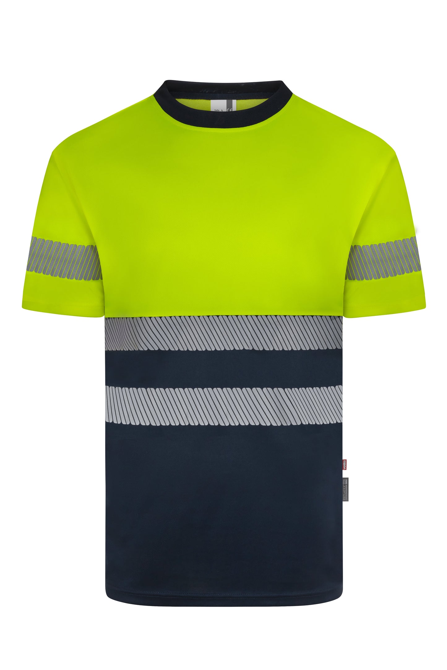 Tricou bicolor cu benzi reflectorizante segmentate maneca scurta GRS albastru marin/galben hi-vis V305633