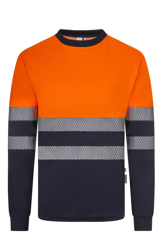 Tricou bicolor cu benzi reflectorizante segmentate maneca lunga GRS albastru marin/portocaliu hi-vis V305635