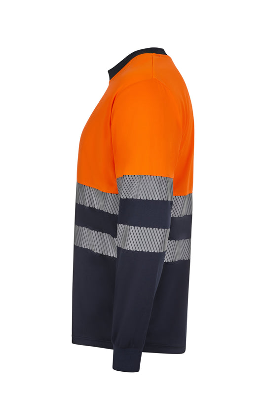 Tricou bicolor cu benzi reflectorizante segmentate maneca lunga GRS albastru marin/portocaliu hi-vis V305635