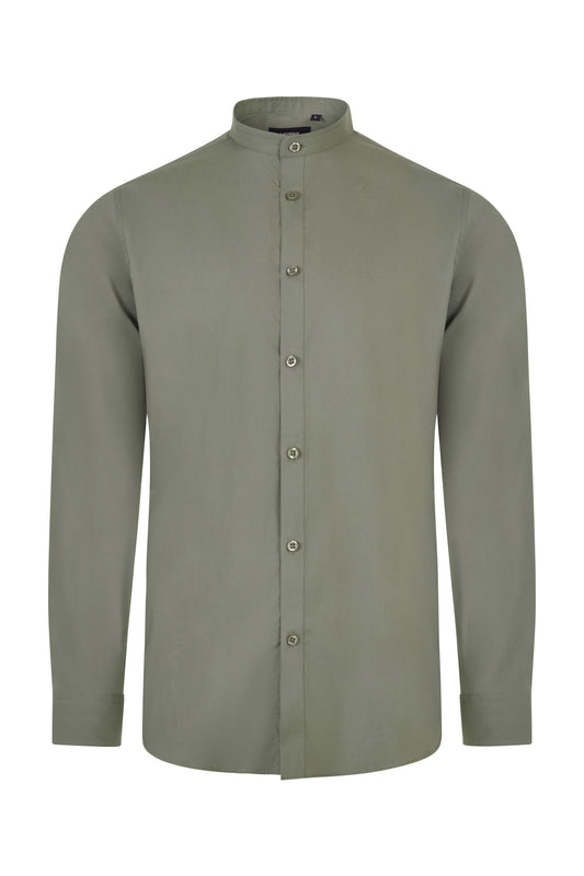 Camasa barbat maneca lunga poplin stretch guler tunica verde masliniu deschis V405013S