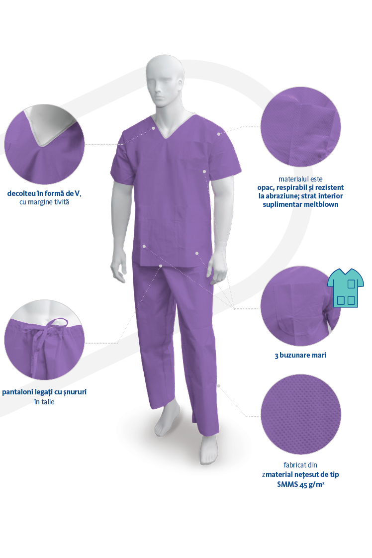 Costum pijama din netesut SMMS 45 g/mp antistatic violet