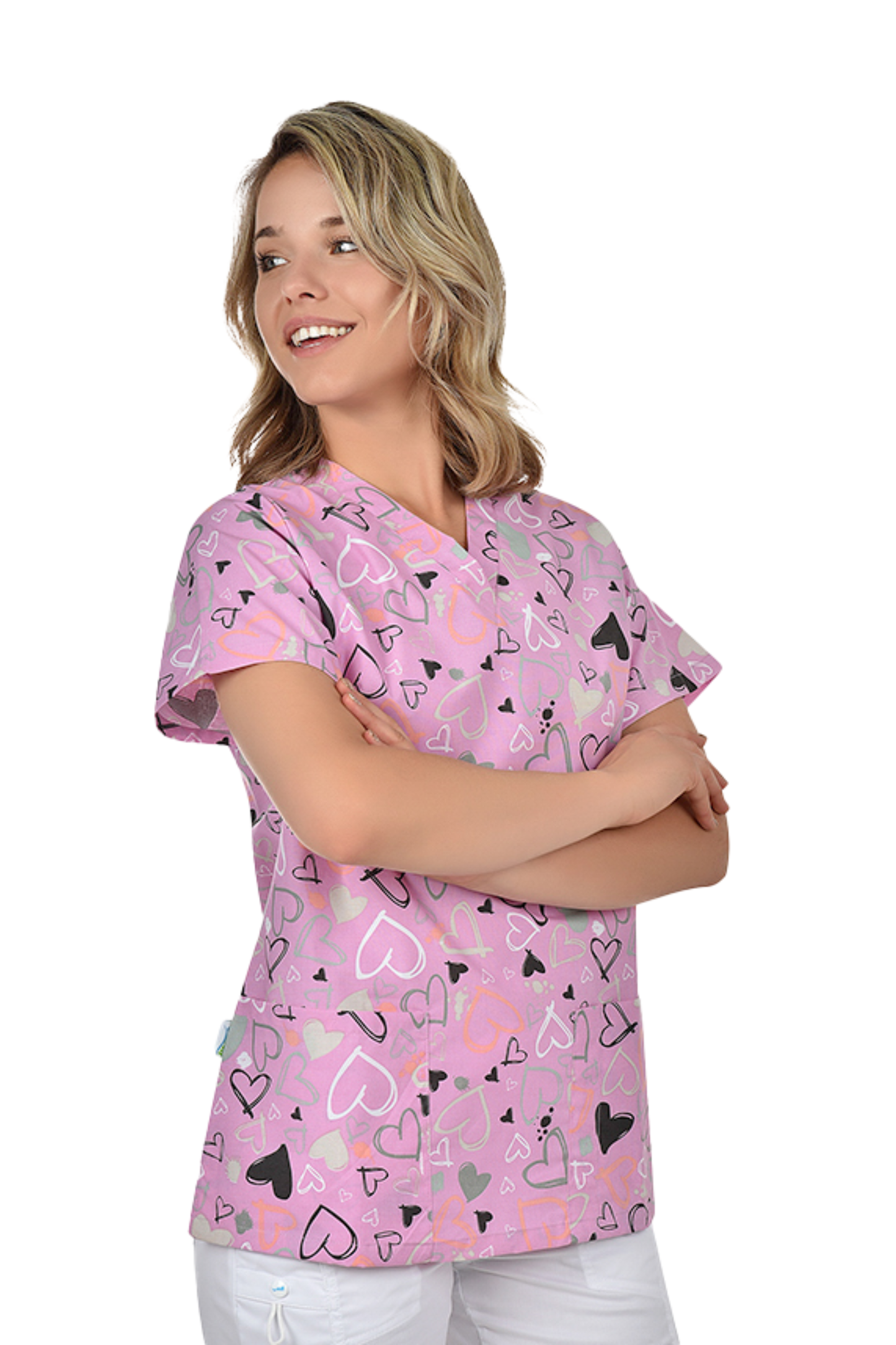 Bluza medicala imprimata unisex inimi roz tercot 140g Bambina