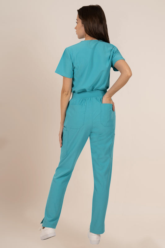Costum medical stretch poliester 170g turcoaz dama Bella