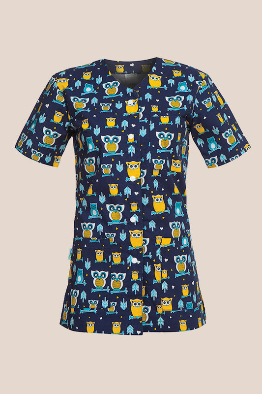 Halat medical bleumarin cu bufnite dama poplin 140g Carina