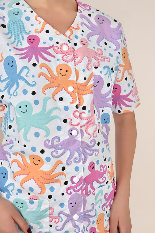 Halat medical alb cu caracatite dama poplin 140g Carina