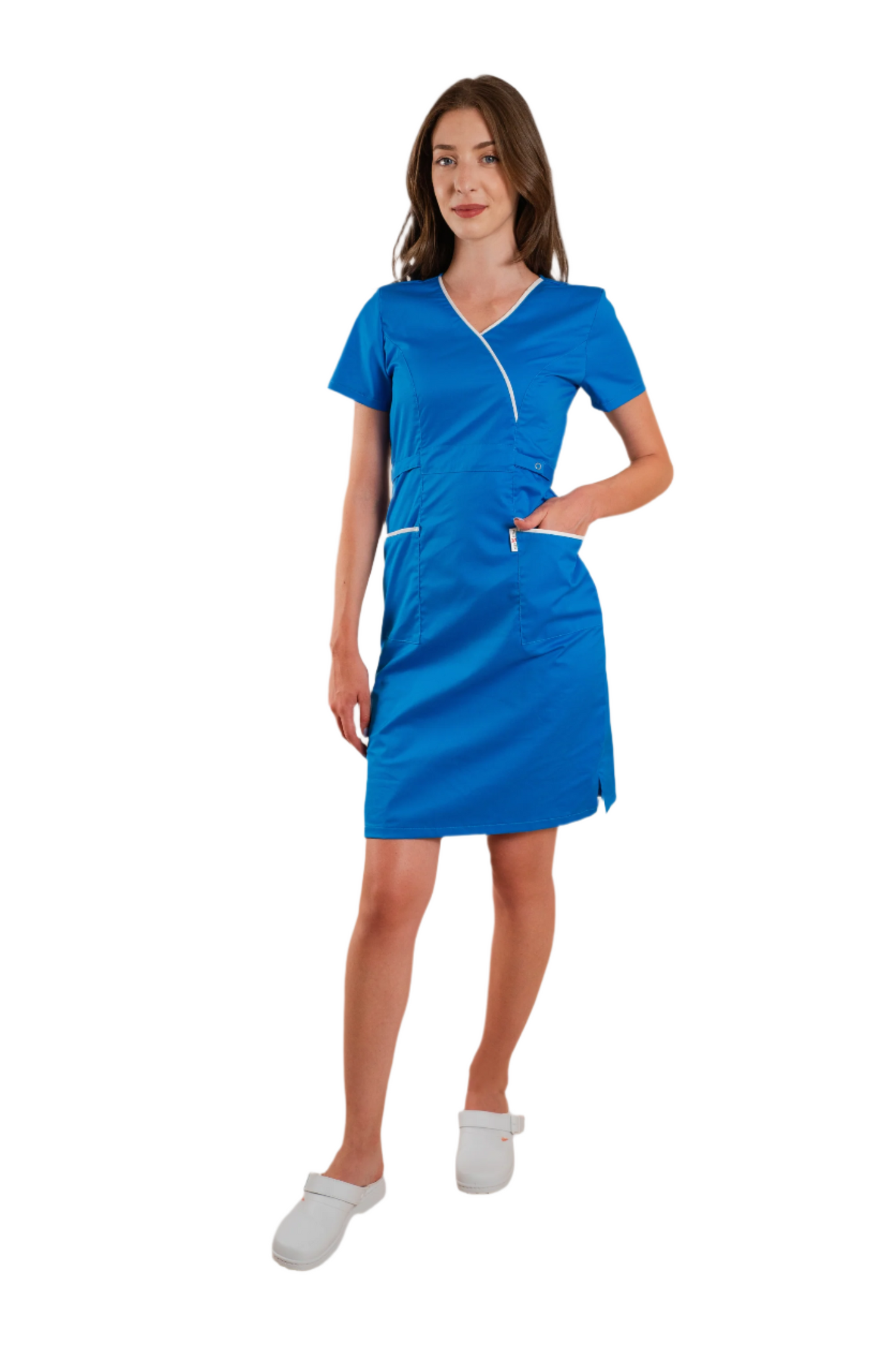 Sarafan de lucru medical albastru poplin-elastan 165g Lory