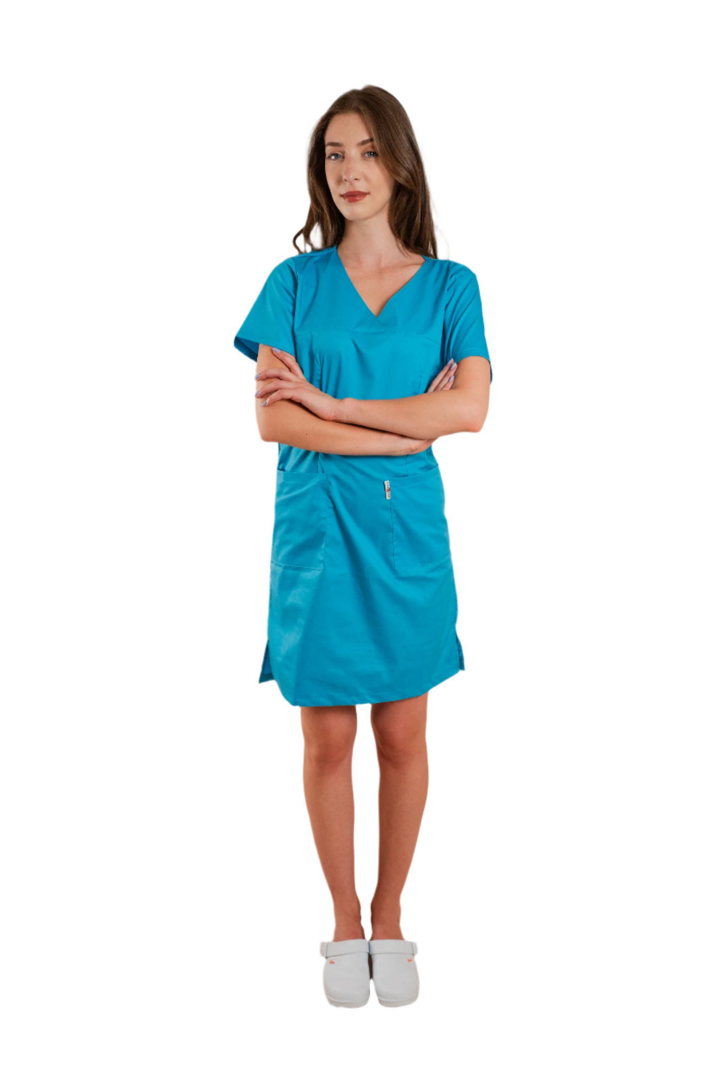 Sarafan de lucru medical turcoaz poplin-elastan 165g Emy