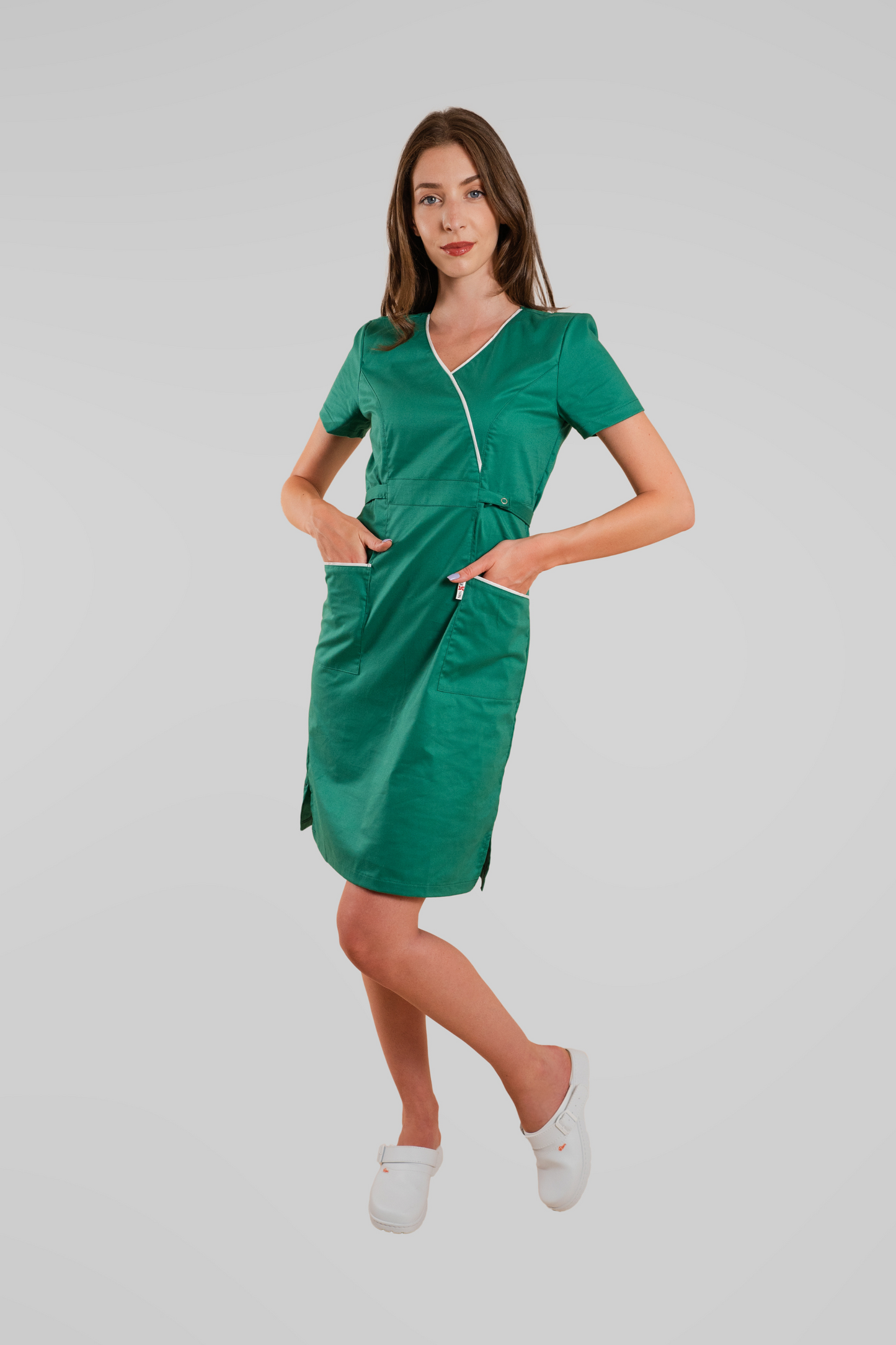 Sarafan de lucru medical verde poplin-elastan 165g Lory