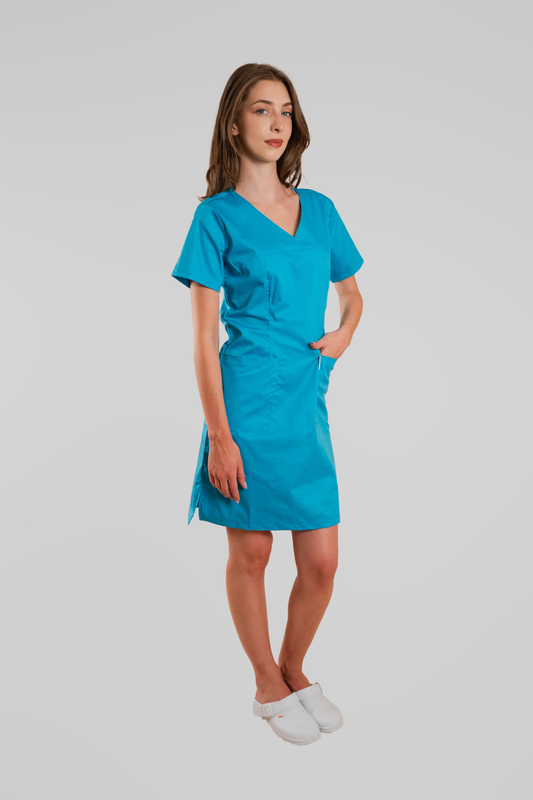 Sarafan de lucru medical turcoaz poplin-elastan 165g Emy