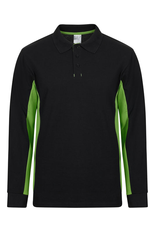 Tricou polo maneca lunga bumbac 180g negru/verde lime V105514