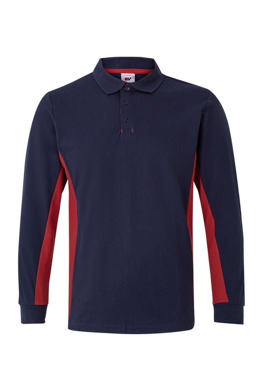 Tricou polo maneca lunga bumbac 180g albastru marin/rosu V105514