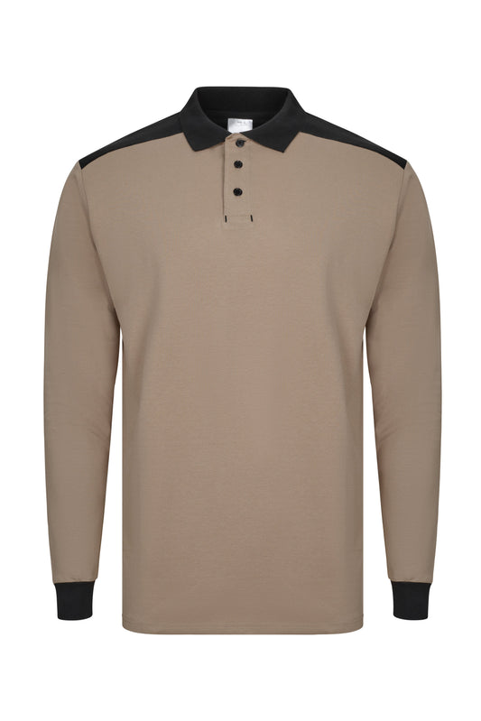 Tricou polo maneca scurta bumbac 200g bej nisipiu/negru V105529S