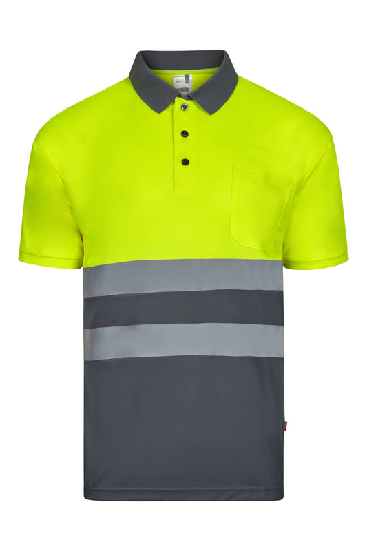 Tricou polo reflectorizant poliester 140g Gri/Galben V305504