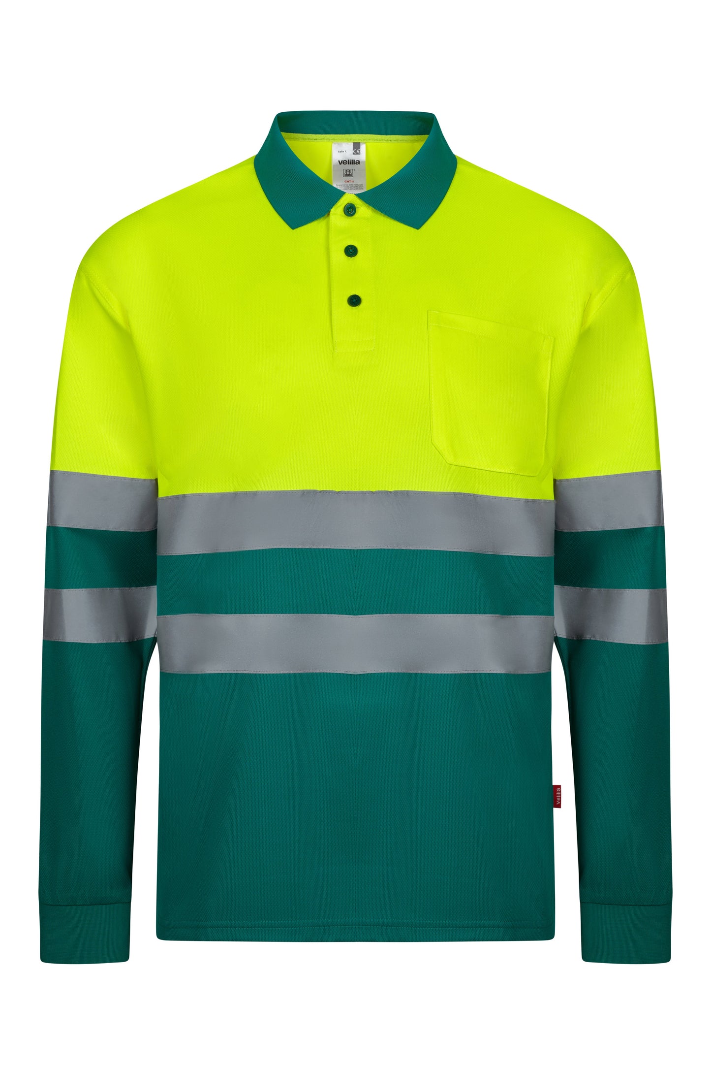 Tricou polo reflectorizant poliester 140g maneca lunga Verde/Galben V305507