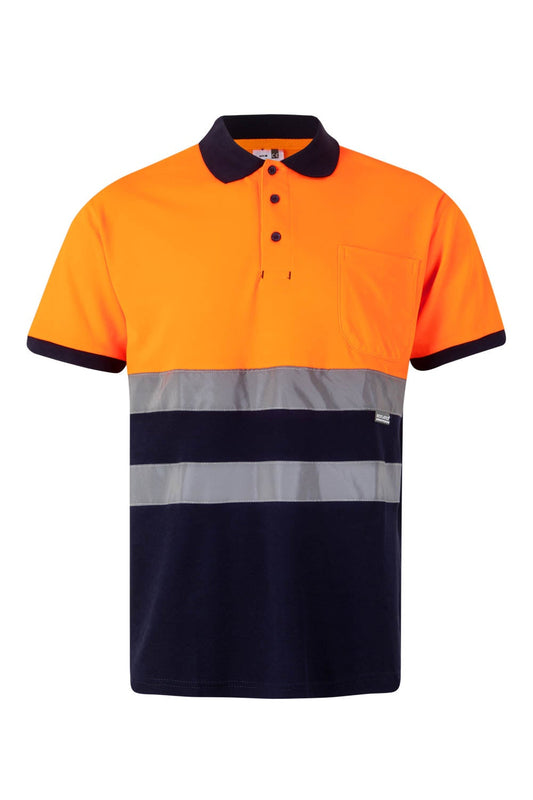 Tricou polo reflectorizant bumbac 150g maneca scurta Bleumarin/Portocaliu V305513