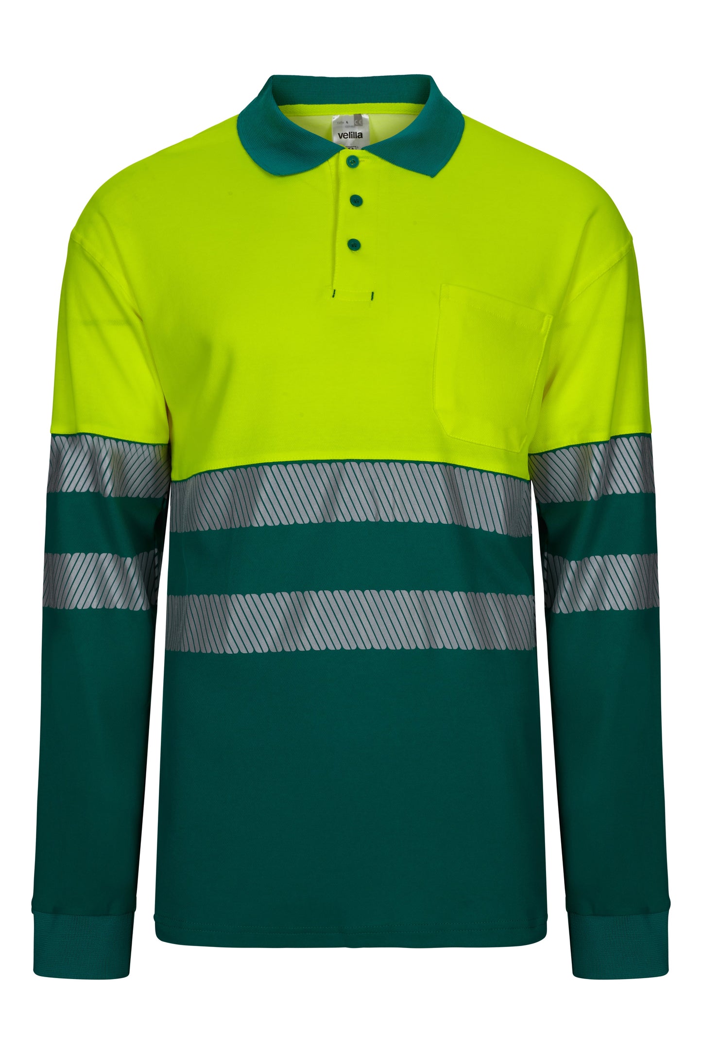 Tricou polo reflectorizant bumbac 150g barbat maneca lunga Verde/Galben V305525