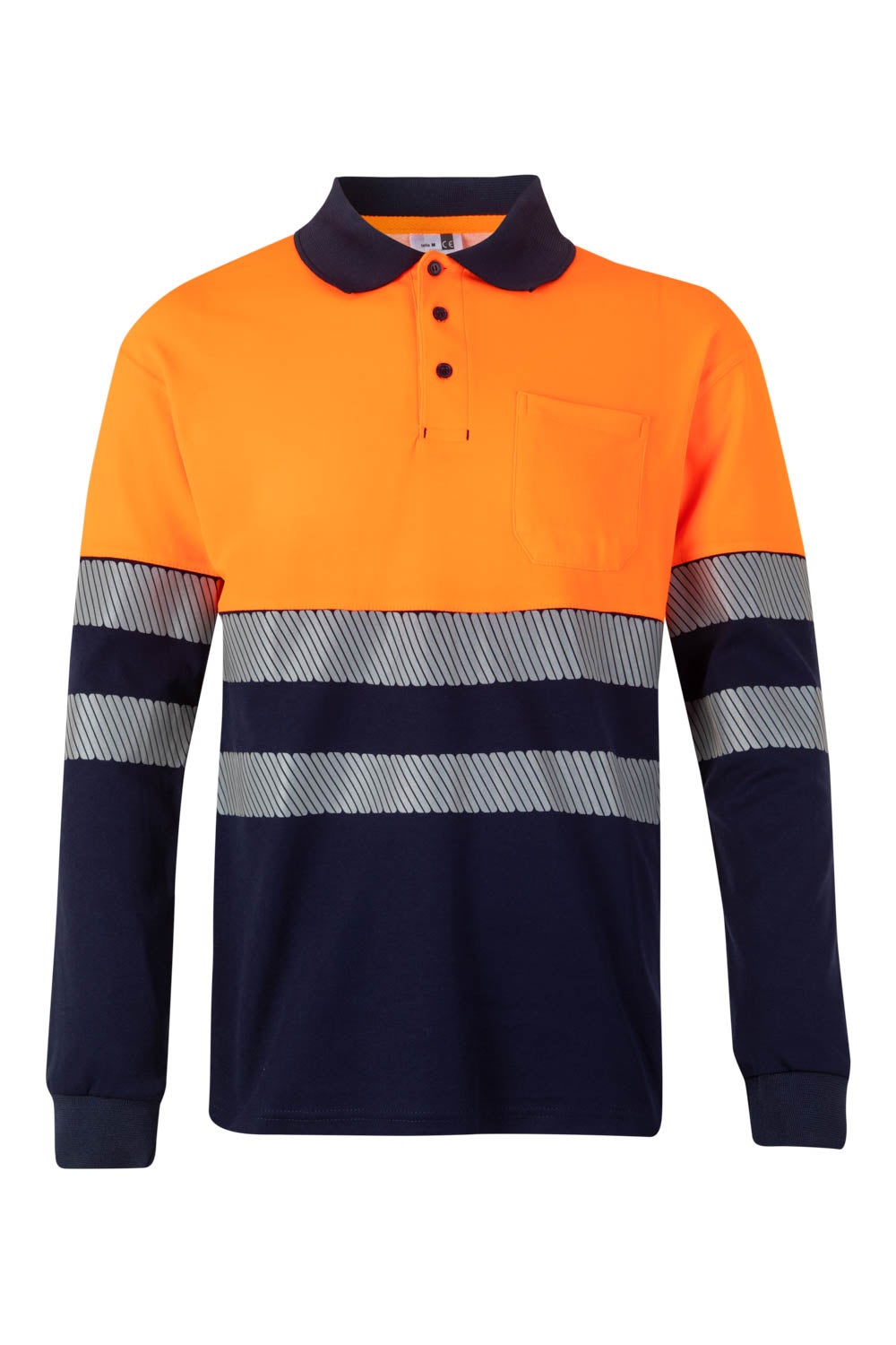 Tricou polo reflectorizant bumbac 150g barbat maneca lunga Bleumarin/Portocaliu V305525