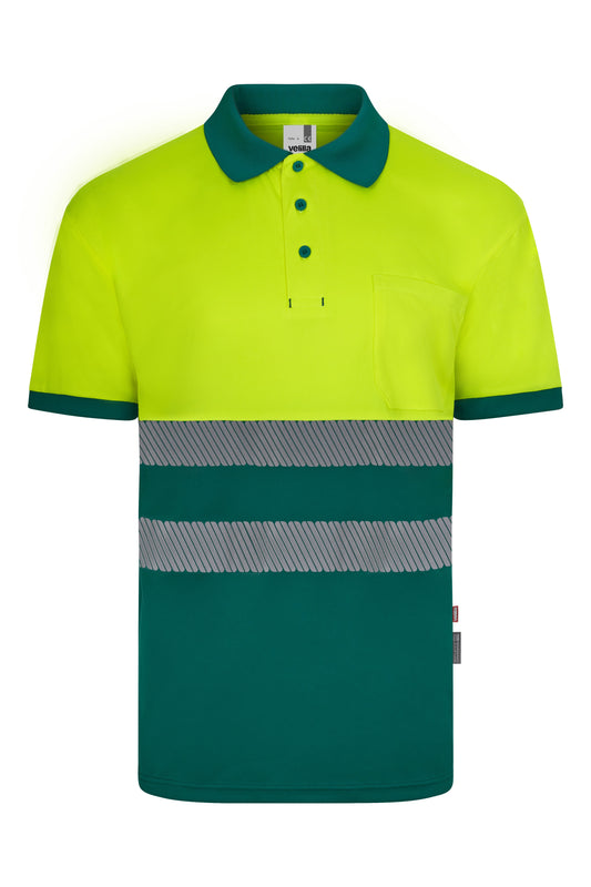 Tricou polo bicolor cu benzi reflectorizante segmentate maneca scurta GRS green/galben hi-vis V305533