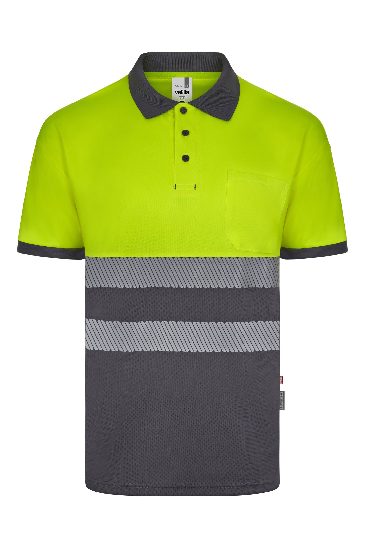 Tricou polo bicolor cu benzi reflectorizante segmentate maneca scurta GRS gri/galben hi-vis V305533