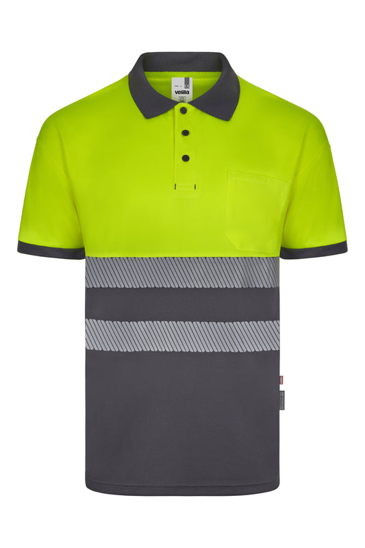 Tricou polo bicolor cu benzi reflectorizante segmentate maneca scurta GRS albastru marin/galben hi-vis V305533