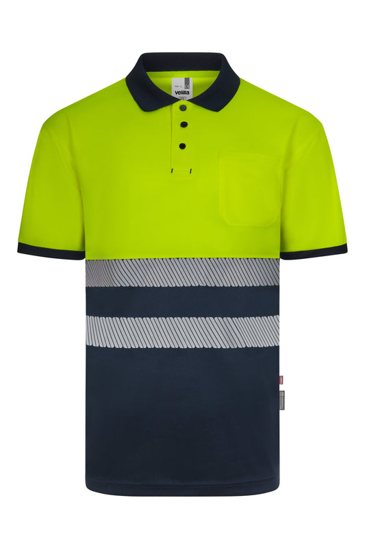 Tricou polo bicolor cu benzi reflectorizante segmentate maneca scurta GRS albastru marin/galben hi-vis V305533