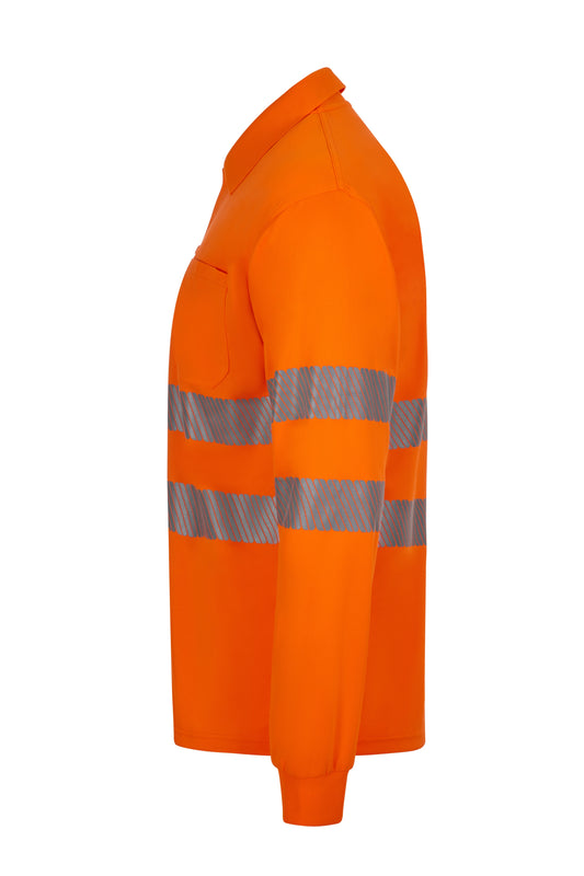 Tricou polo cu benzi reflectorizante segmentate maneca lunga GRS portocaliu hi-vis V305534