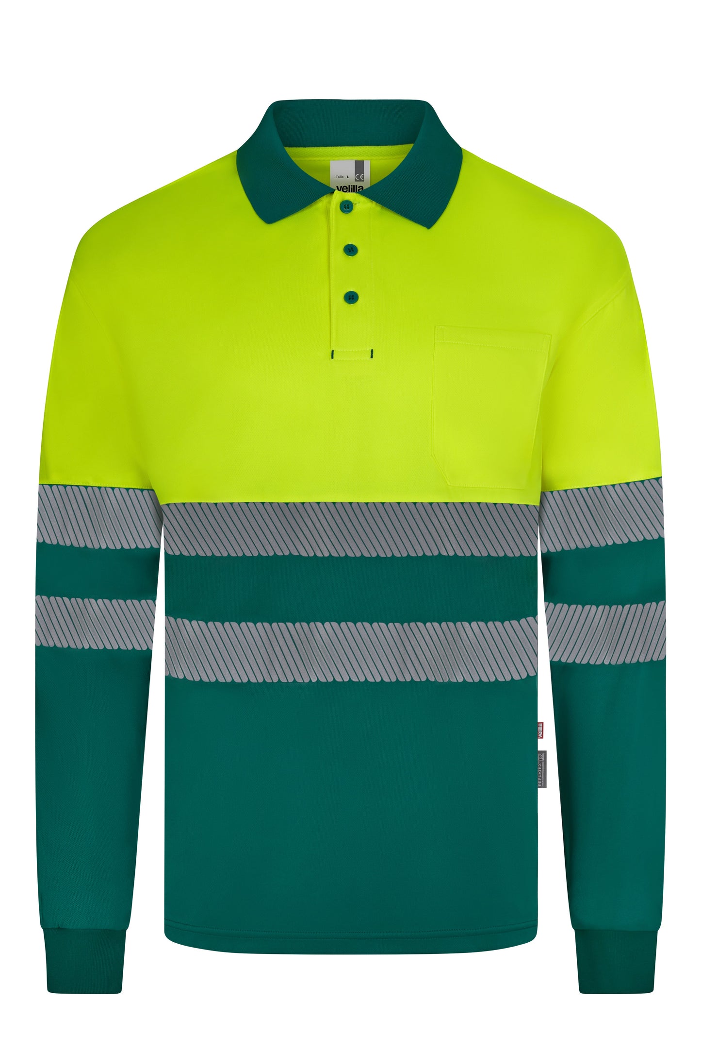 Tricou polo bicolor cu benzi reflectorizante segmentate maneca lunga GRS green/galben hi-vis V305535