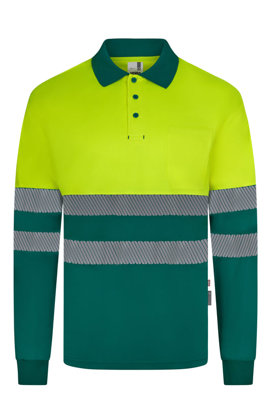 Tricou polo bicolor cu benzi reflectorizante segmentate maneca lunga GRS green/galben hi-vis V305535